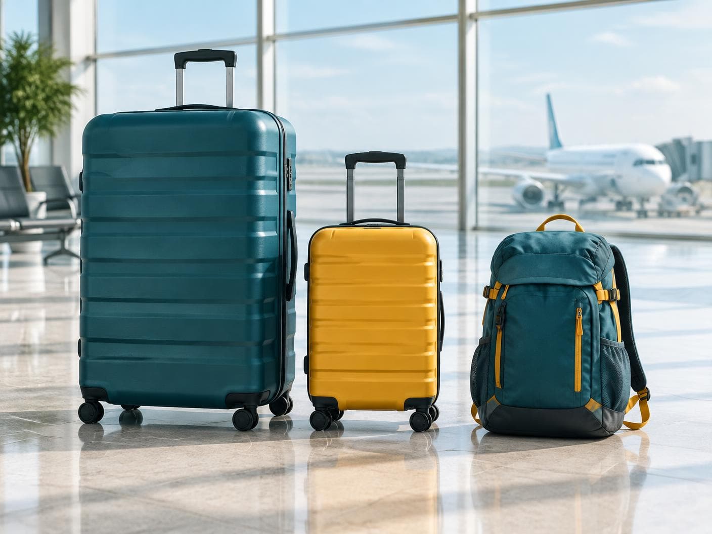 Large suitcase, cabin suitcase and backpack at an airport